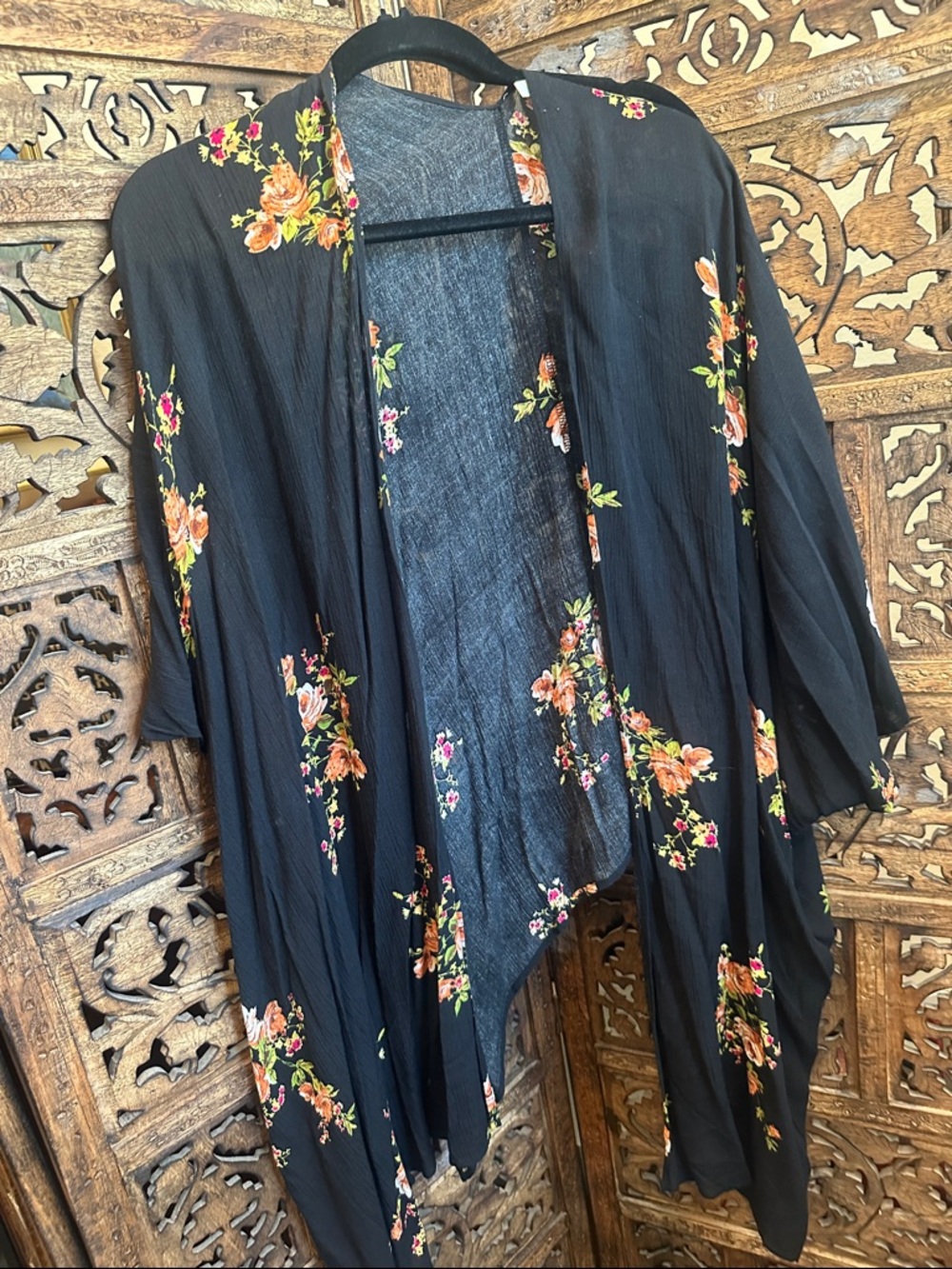 Black Floral Open-Front Women's Kimono Coverup